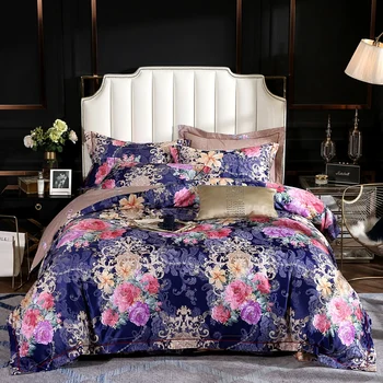 

New Vintage Bright Color Flowers Jacquard Bedding Set 100%Cotton Silky Queen King size 4pcs Duvet Cover Bed sheet Pillowcase