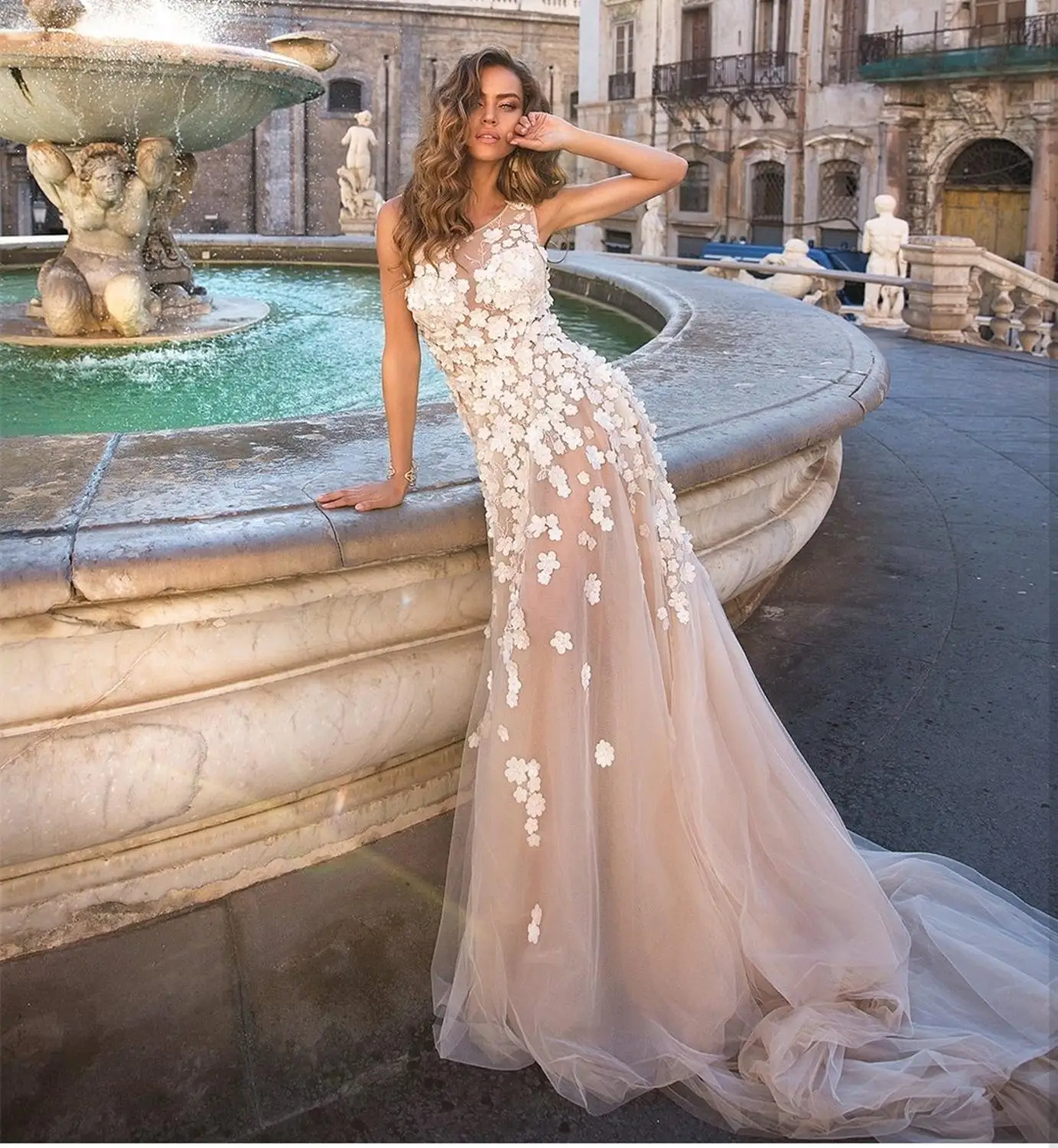 

2020 robe de soir e longue aline pink 3d flowers wedding dress mermaid robe mariage bridal gowns vestido noiva tomara que caia