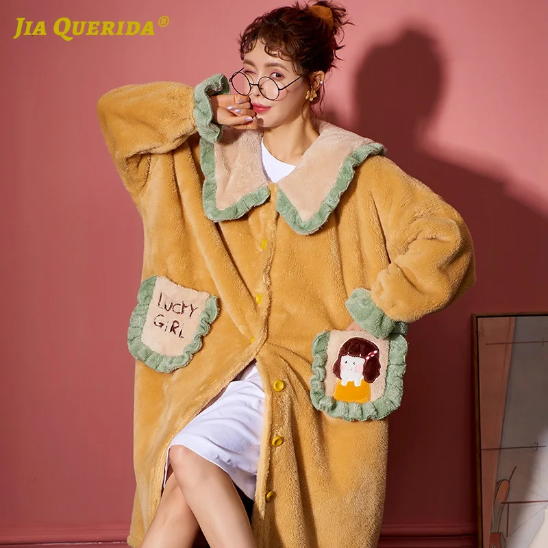 

Winter New Woman Clothes Flannel Night Robe Cartoon Printing Front Pocket Turn Down Collar Kimono Yukata Ladies Home Robe