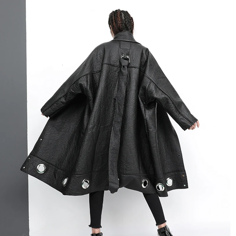 TWOTWINSTYLE Hollow Out PU Leather Lace Up Womens Coats Stand Collar Batwing Sleeve Coat Female Autumn Oversize Fashion New