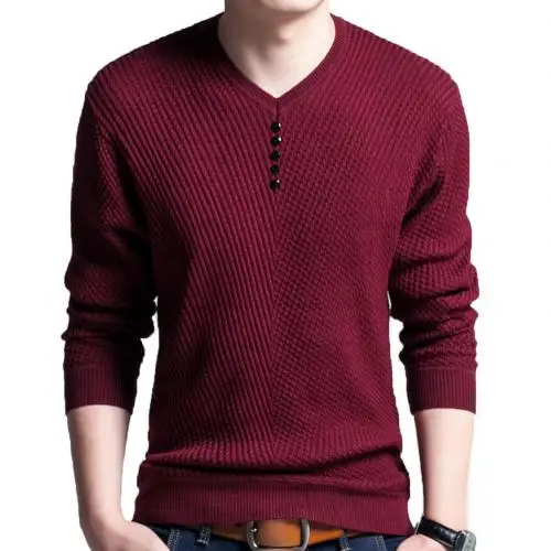 Красный Chic Autumn Winter Sweaters Men Solid Color V Neck Long Sleeve Pullover Knitted Pull Sweater Mens Sweaters Male Knitwear - Цвет: Красный