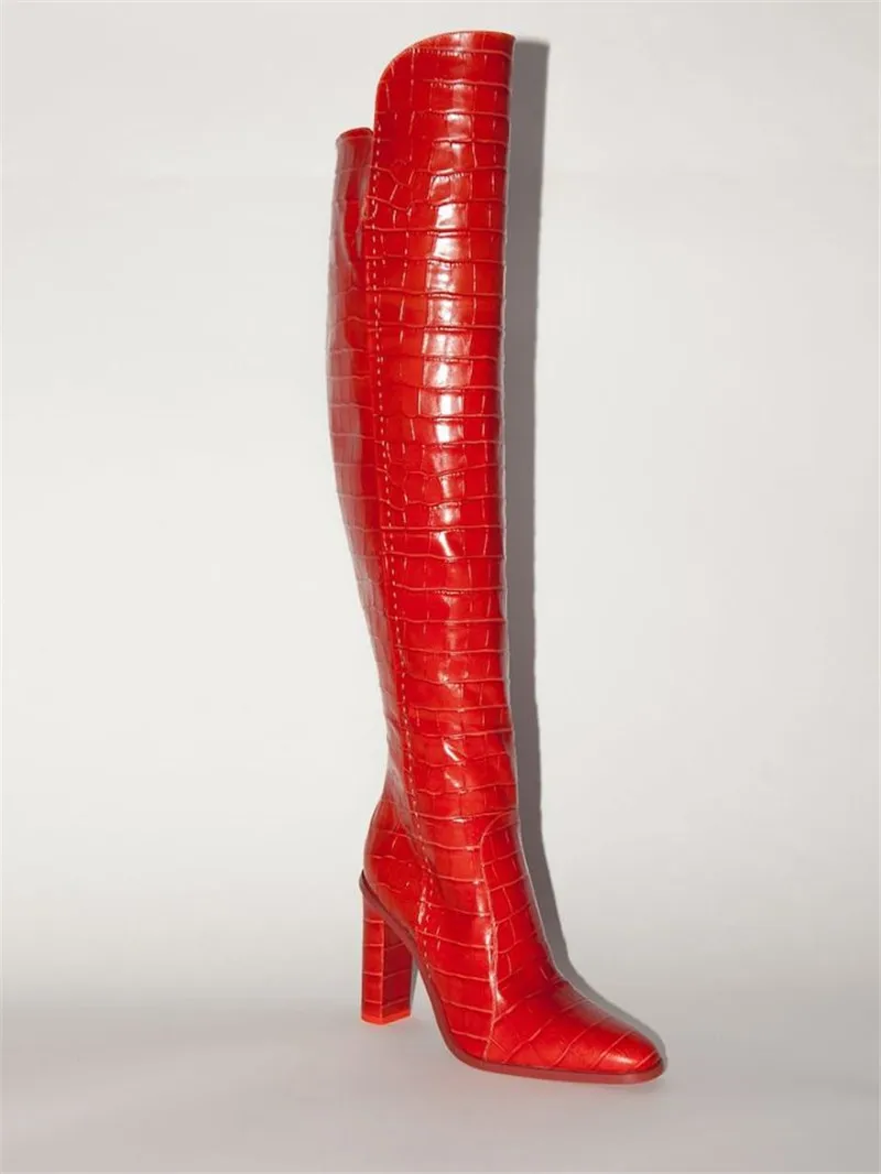 Пикантные облегающие сапоги В рыцарском стиле; женские Сапоги выше колена на высоком квадратном каблуке; ботинки из натуральной кожи с круглым носком на молнии сбоку и змеиным принтом - Цвет: Red
