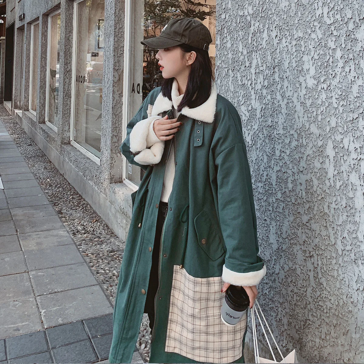 

Photo Shoot 2019 Winter New Style Korean-style Loose Green Mid-length Pike Workwear Cotton-padded Clothes over-the-Knee Cotton C