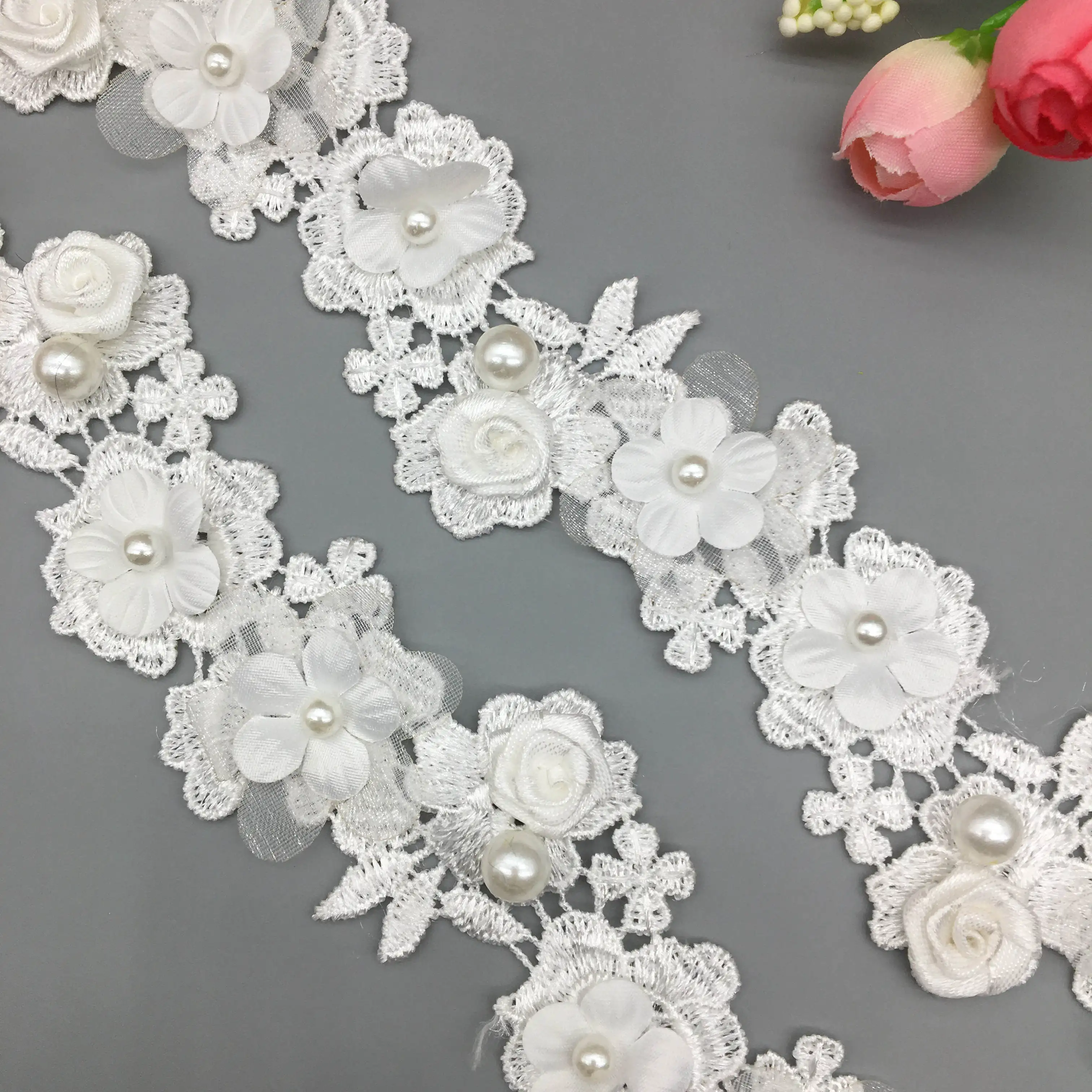 1 Yd Rose Flower Pearl Embroidered Lace Trim Ribbon Fabric Applique Sewing Craft 