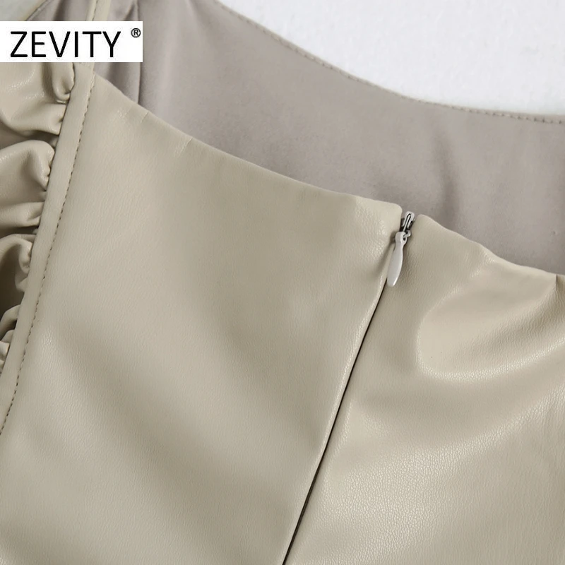 ZEVITY New women sexy spaghetti strap pleated PU leather dress female back zipper slim sling vestido chic brand dresses DS4419
