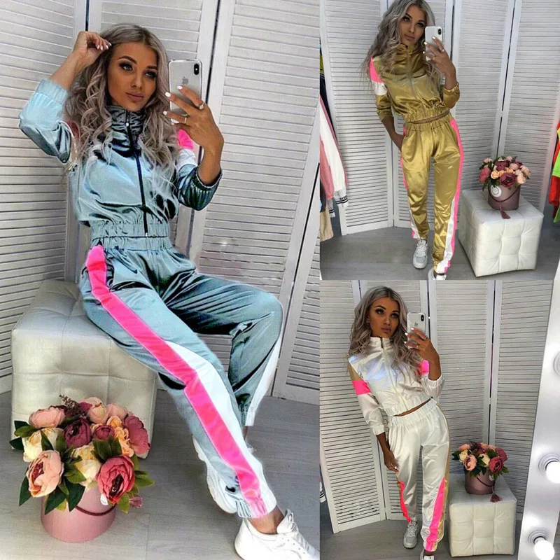 

Autumn Women Two Pieces Sets Colorblock Short Jacket Top and Pants Suit Female Casual Sporty Tracksuit 2pcs Outfits Clothing Set