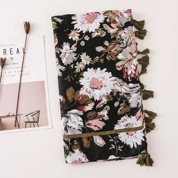 

2020 echarpe hiver femme Ladies luxury vintage long black floral Tassel Scarf Pashmina Stole Bufandas Muslim Hijab Sjaal