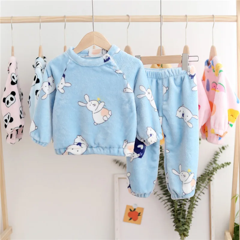 Pizama/Зимний фланелевый пижамный комплект для детей от 6 месяцев до 7 лет, теплая флисовая детская одежда для сна с рисунком панды для маленьких мальчиков и девочек - Цвет: Blue Rabbut