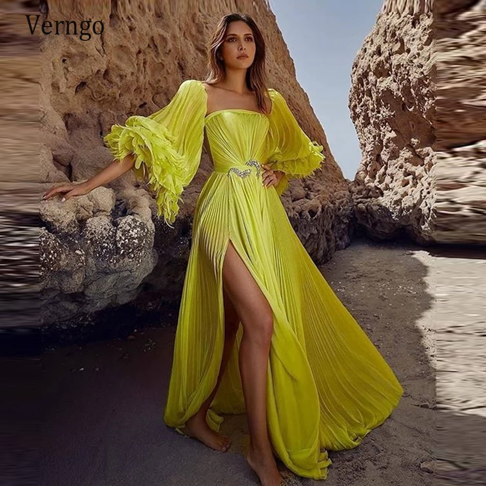 

Verngo New 2021 Bright Yellow Silk Chiffon Evening Dresses Long Puff Sleeves Pleats Side Slit Sexy Prom Gowns Beach Party Dress