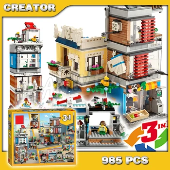 

985pcs 3in1 Creator Townhouse Pet Shop & Cafe multi-story Bank Market Street 11401 Model Building Block Toy Compatible with Lago