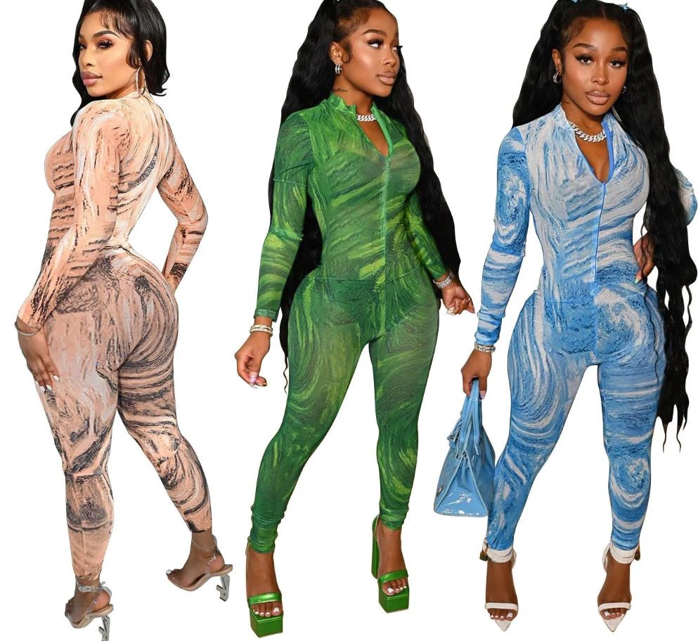 ナイトクラブ21 女性用長袖ジャンプスーツ ジッパー付きネックスーツ プリント スリムウエスト ワンピース コレクションs 2xl Aliexpress