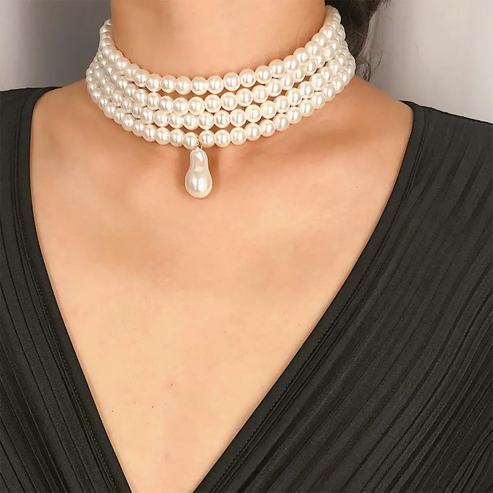

Elegant Pearl Necklace Personalized Versatile Chocker Geometric Beaded Chain Simple Multi-Layer Pearl Pendant Necklace Female Ch