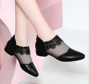 

New summer sandals Pointed Elegant Women shoes Black Lace Ankle Flower low Heel zipper flowers casual sandals