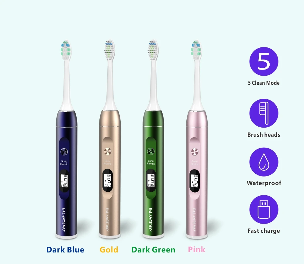 LCD Screen 5 Modes Aluminum Alloy Rechargeable Sonic Electric Tooth brush with Replacement Toothbrush Head Whitening Adult IPX7