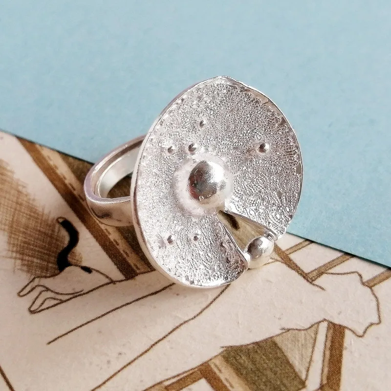 Кольцо из стерлингового серебра 999 пробы с круглым листом лотоса для женщин, кольцо с большим листом, регулируемое, ручная работа, роскошные ювелирные изделия, Boho Miao, серебряное, этническое