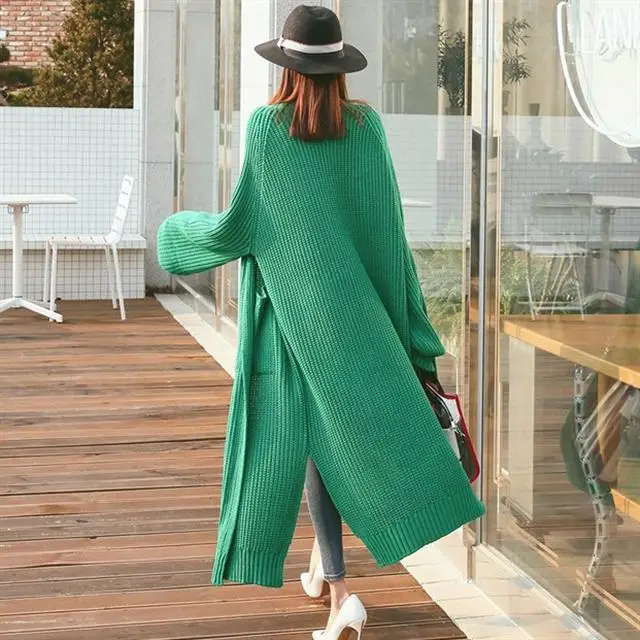 

HAMALIEL Korean Women Long Knitted Cardigans Autumn Winter Fashion Thicken Green Split Loose Overcoat Plus Size Sweater Coat