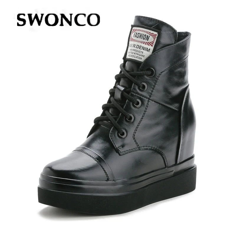 

SWONCO platform sneakers black winter shoes women warm fur snow boots women 2019 ankle boots genuine leather boot lady batas