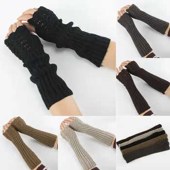 

Women Fingerless Long Gloves Thumbhole Knit Arm Warmer Sleeve Elbow Length UK
