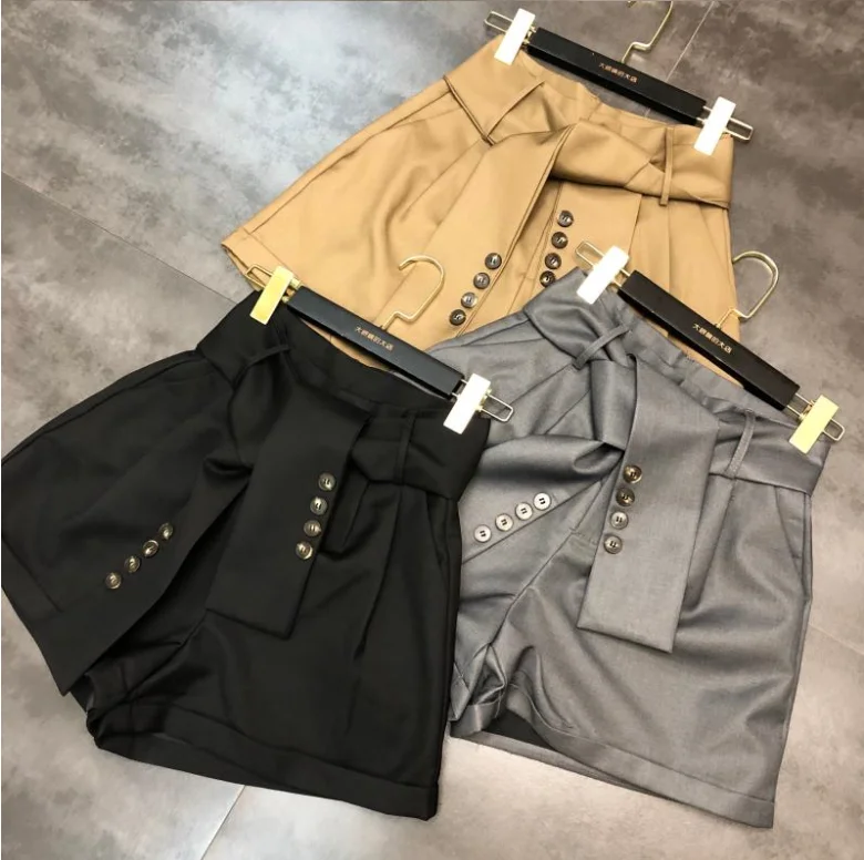 Fall New Button Design Belt High Waist Women Shorts Solid Color Female Wide Leg Shorts