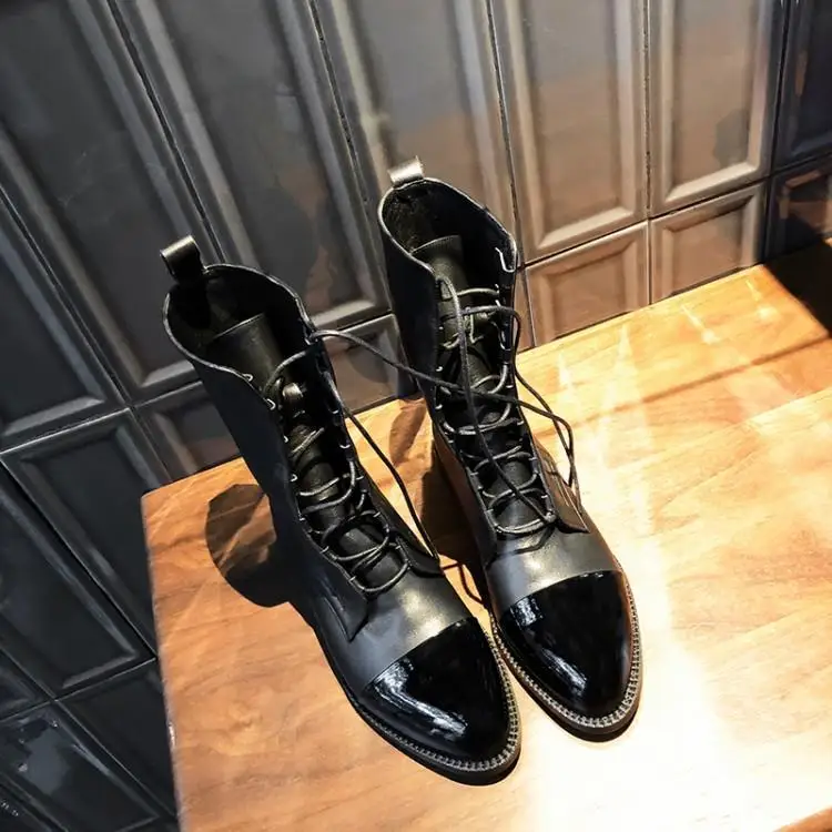 

Ankle Boots For Women Patchwork Shiny Matte Leather Botas Mujer Cross Tied Lace Up Martin Boots Womens Chunky Heels Zapatos New
