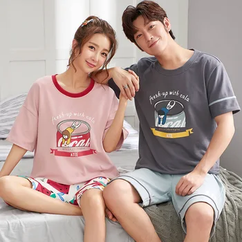 

Korean Short-sleeved Casual Couple Home Service Shorts Combed Cotton Men and Women Pajamas Suit Summer Pijamas Sexy Para Mujer
