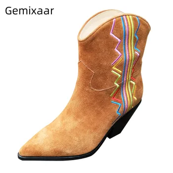 

Brown Ankle Boots Woman Slim On Decor Embroider Lines Botines Point Toe High Cone Heel Botas Nubuck Leather Retro Boots Women