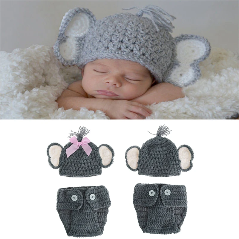 

2019 Newborn Baby Elephant Knit Crochet Hat Costume Photo Photography Prop Outfits