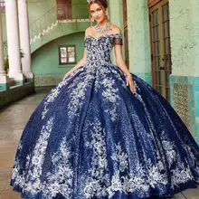 Роскошное бальное платье с синими блестками, шикарное кружевное платье с открытыми плечами и аппликацией для девочек, Пышное Бальное Платье, милое 16 платьев