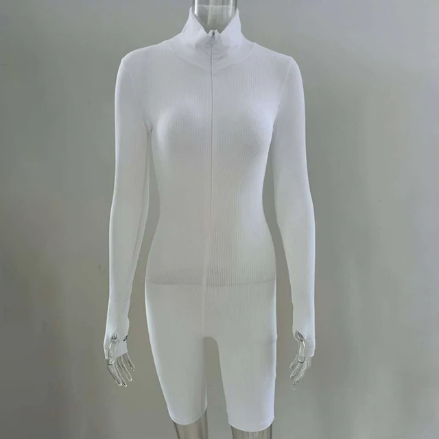 Plus Jumpsuit For Women Romper 2020 Lucky Label Long Sleeve Casual Skinny Turtleneck Catsuit Zipper Sport Wear Bodysuit Black Short White