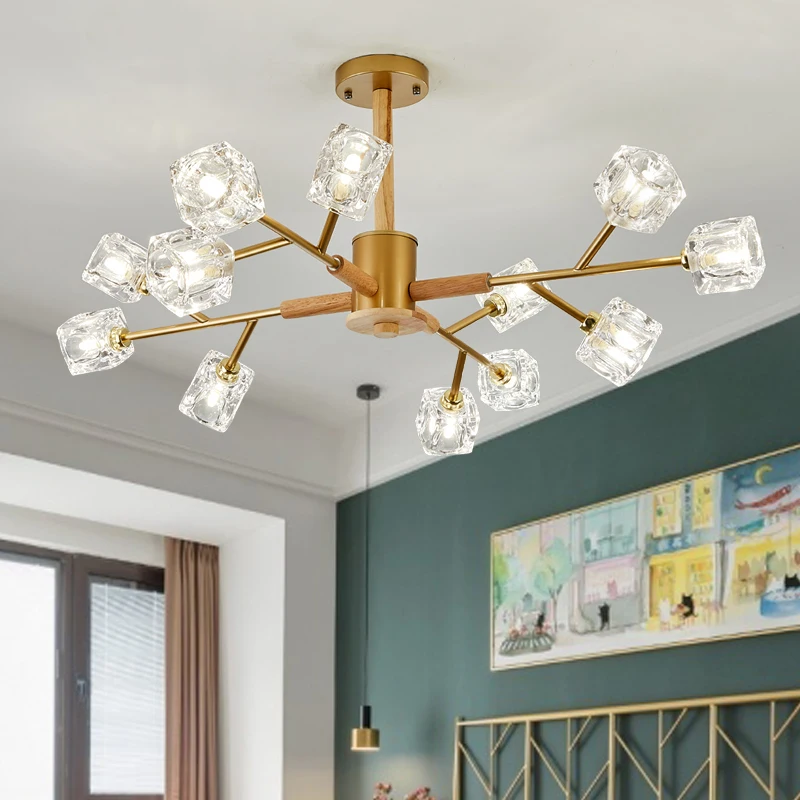 Nordic Wood Pendant Light LED Living Room Crystal Glass Pendant Lamp Living Dining Room Balcony Study Lighting Decor Luminaria