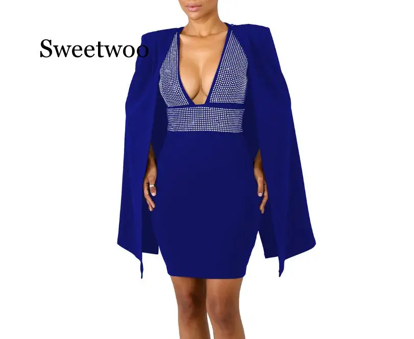 

Diamonds Sexy Deep V Neck Bodycon Dress with Cloak Women Sleeveless Mini Club Party Dresses Detachable Cape Poncho