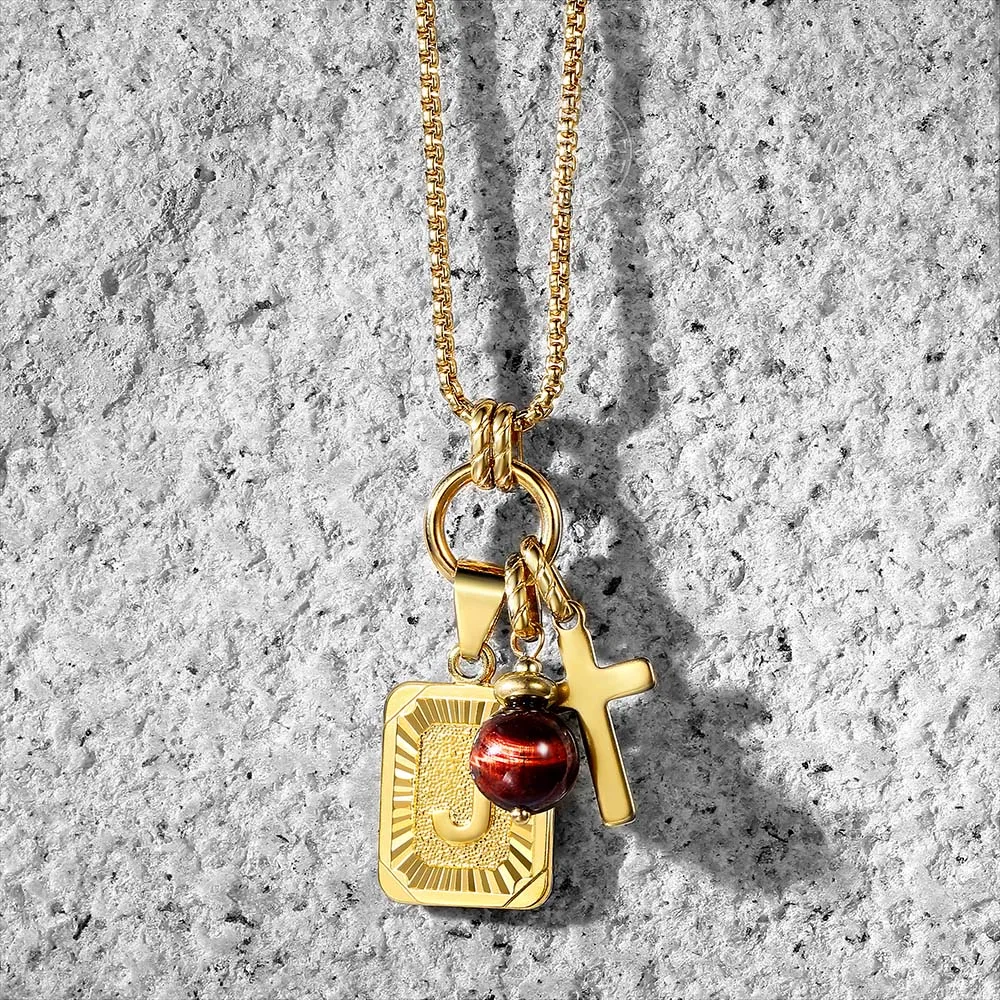 Золотое ожерелье с подвеской в виде буквы, A-Z, для женщин и мужчин, с крестом, красный тигровый глаз, бусина, шарм, нержавеющая сталь, коробка, цепочка, ювелирное изделие, подарок DN151