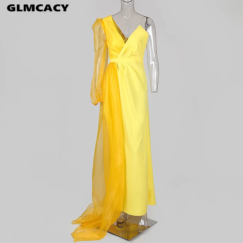 Разноцветное Сетчатое платье с пышными рукавами и высоким разрезом, женские вечерние платья макси на одно плечо