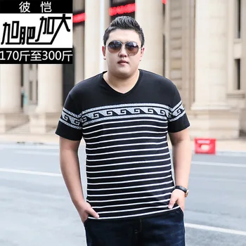 

Super Brand Big Size Men's Wear Plus Fat Plus Men Fat Man Stripes Short Sleeve Fat V Collar Short T Shirt Tide
