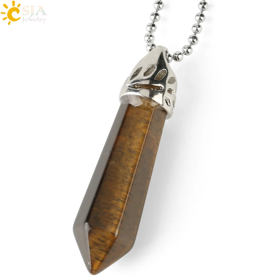 Tiger Eye CSJA натуральный драгоценный камень шестигранная колонна кулон лечебный Кристал, кварц ожерелья из оникса Подвеска для женщин мужчин модные ювелирные изделия G301 - Окраска металла: Tiger Eye
