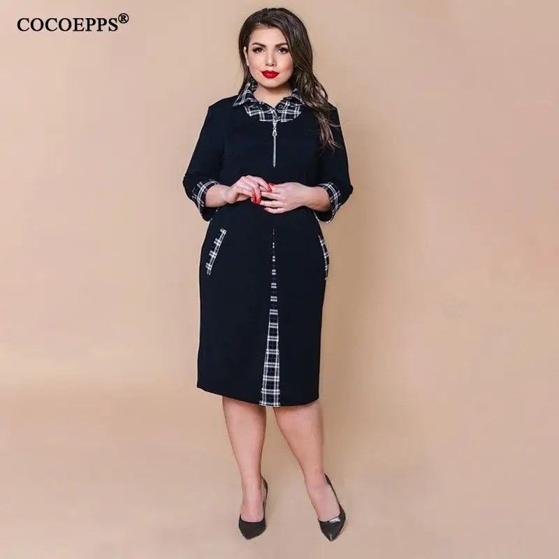 5xl 6xl женское платье большого размера, клетчатое лоскутное платье до колен для офиса, Повседневное платье размера плюс, осенне-зимнее винтажное платье vestidos