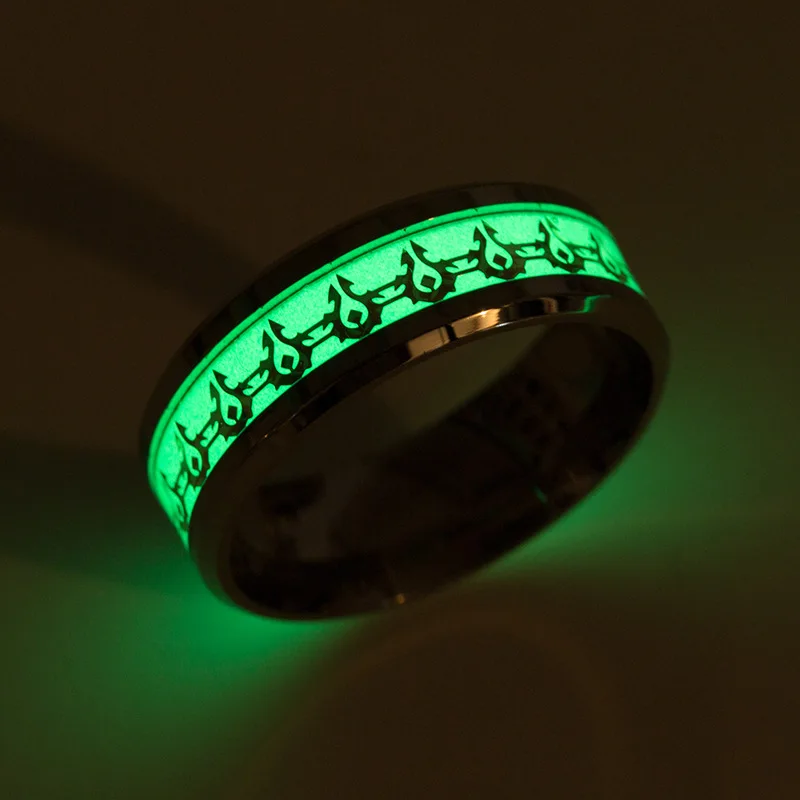 

2019 New Warcraft tribal Pattern Glow in the Dark Stainless Steel Ring Luminous couples Ring Classic Jewelry for Lovers Gift