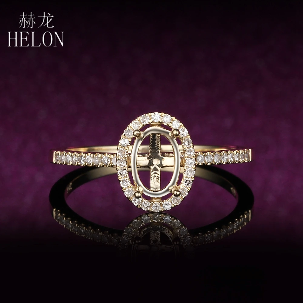 

HELON Oval 7x5mm Solid 14K Yellow Gold 0.2ct Diamonds Semi Mount Engagement Ring Women Trendy Fine Jewelry Halo Diamond Ring