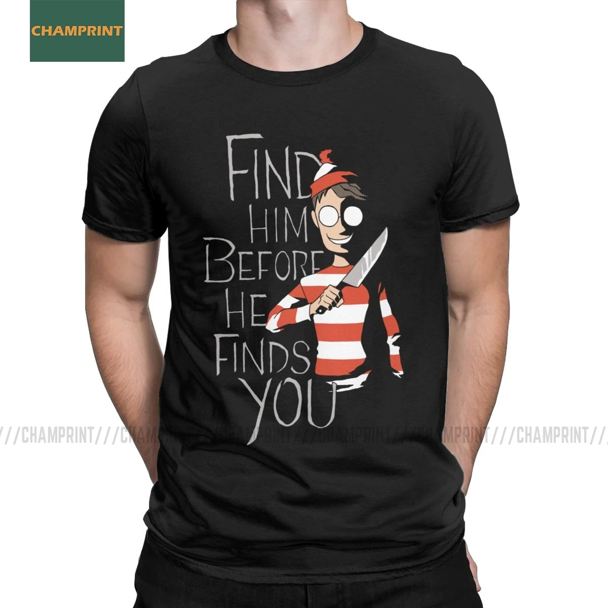 Men T-Shirt Hiding In The Dark Waldo Cotton Tees Short Sleeve Wheres Wally Parody 90s Comic Stripes Wanted T Shirts Plus Size | Мужская