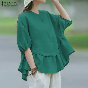 

ZANZEA Women 3/4 Sleeve Ruffles Hem Blouse Summer Shirt Casual Loose Solid Cotton Linen Tops Buttons Blusas Femininas Chemise