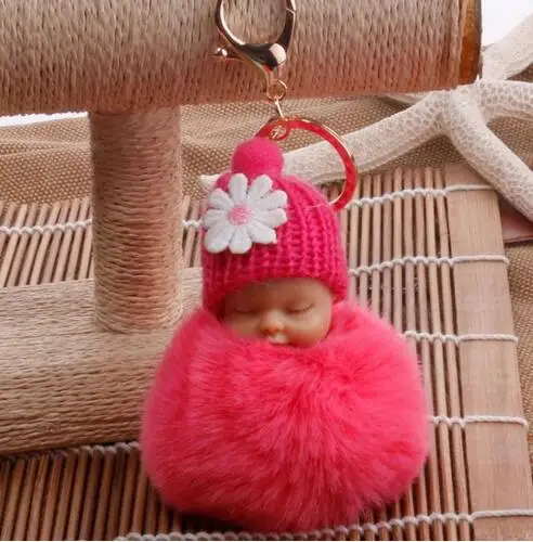 Baby Doll Toy DropshipCute Sleeping Baby Doll Key Chains For Women Bag Toy Key Ring Fluffy Pom pom Faux Fur Plush Keychains 10