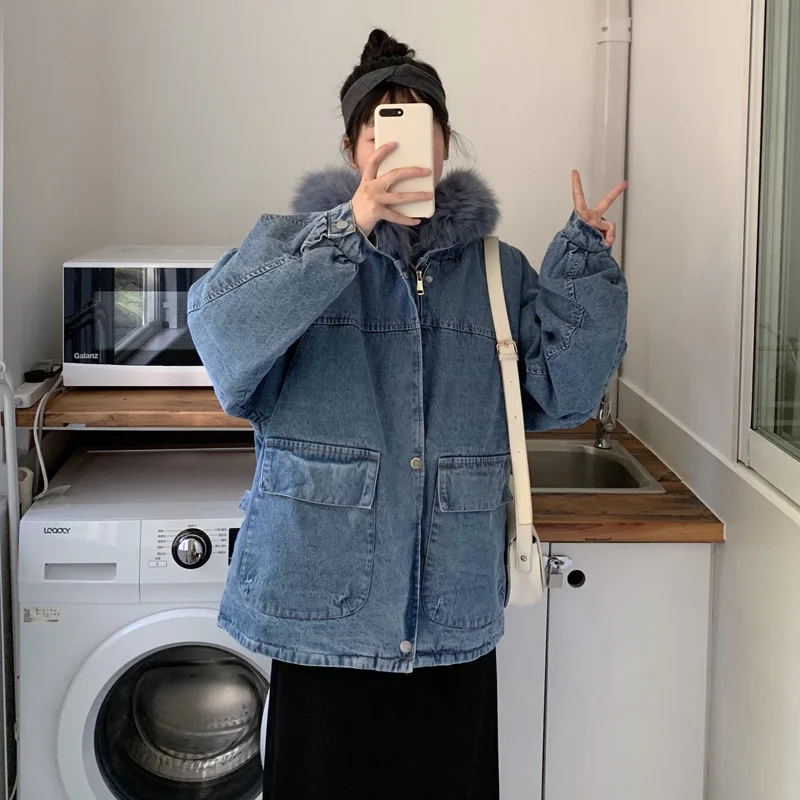 

2019 Winter New Style Large Size Dress Fat Mm Fashion Comfortably Warm Mid-length plus Velvet Jeans Coat 200