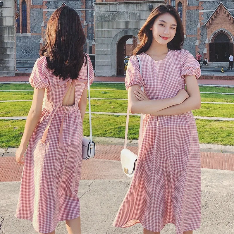 

Photo Shoot Sweet Gentle Wind Backless Charade Lace-up Dress Women's CHIC Red Plaid Waist Hugging Swinging Skirt