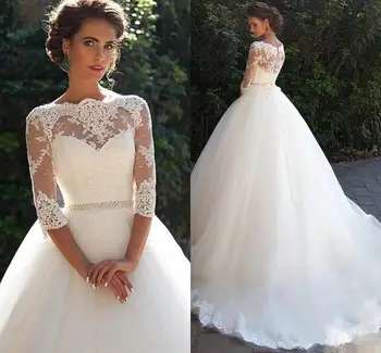 

Cheap Muslim Wedding Dresses Ball Gown 3/4 Sleeves Tulle Appliques Beaded Boho Wedding Gown Bridal Dresses