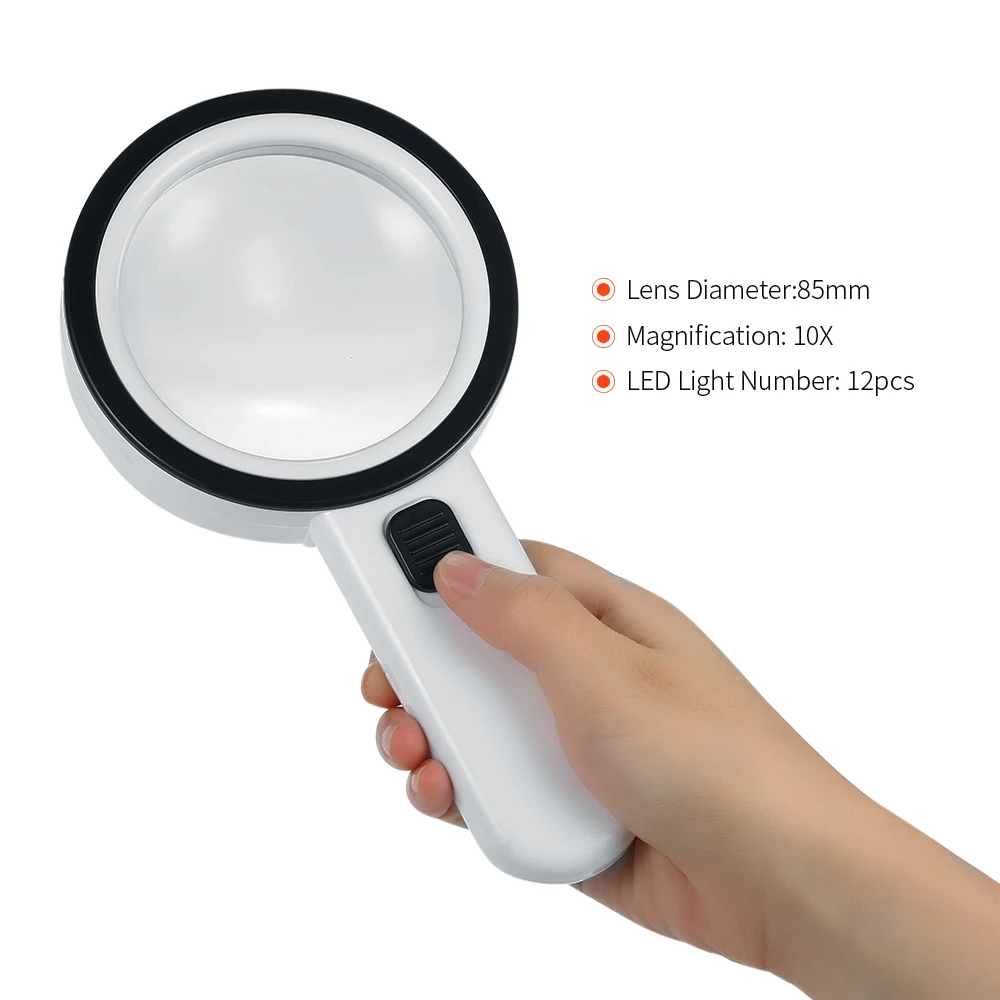 

12 LED Reading Magnifier Magnifying Glass Handheld Portable Jewelry Loupe with 80mm 10X Magnification Power Lens for Book Maps