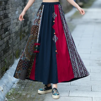 

faldas mujer moda 2020 vintage skirts womens autumn winter Mexico style ethnic long print patchwork midi skirt longuette