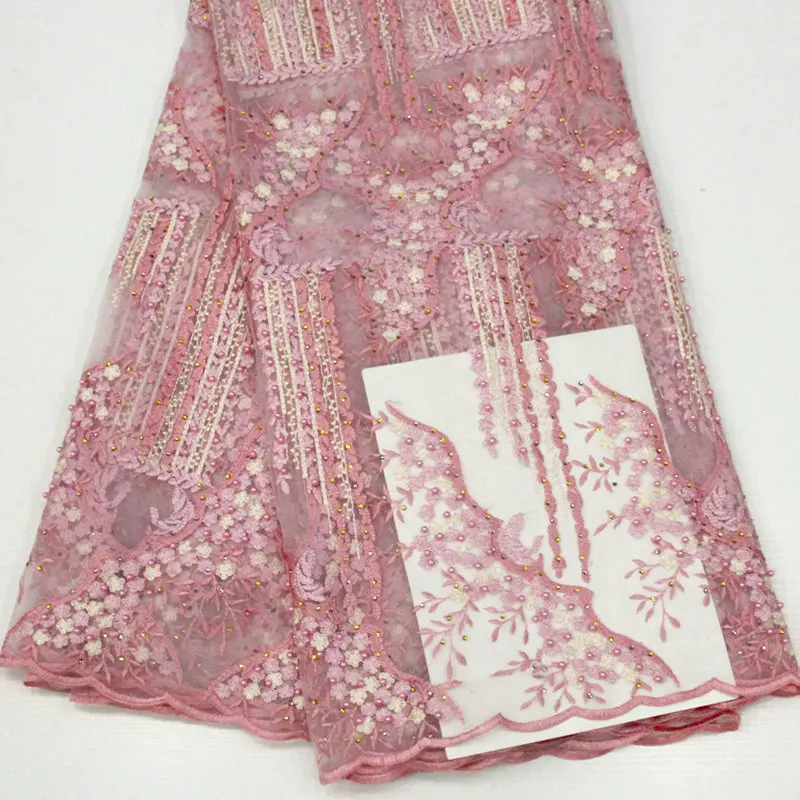 

African Beads Lace Fabric 2019 High Quality Lace Nigeria Beautiful Embroidery Lace for Nigeria Women Dress Lace Fabric 5 yards