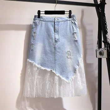 

Light Blue Denim Skirt Women 2020 Summer Korean Girl Fashion Ripped Jeans Chic Sexy Mesh Patchwork Midi Skirts Plus Size 5XL