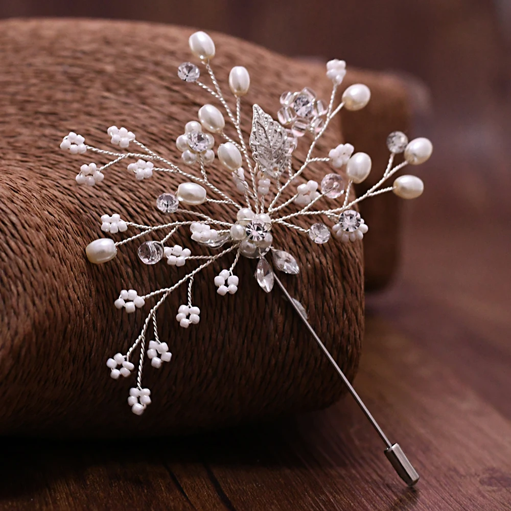 TRiXY Silver Women Brooch Beaded Wedding Corsage Elegant Wedding Party Man's Suit Corsage Brooch Fashion Wedding Jewelry XZ08
