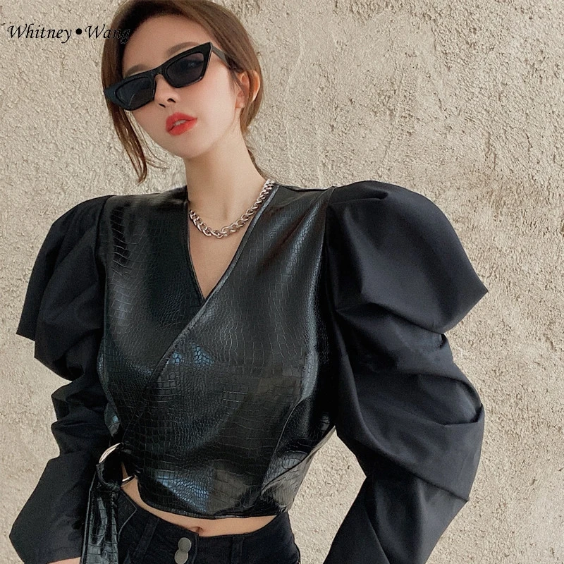 Женские блузки WHITNEY WANG с v-образным вырезом из искусственной кожи пышными